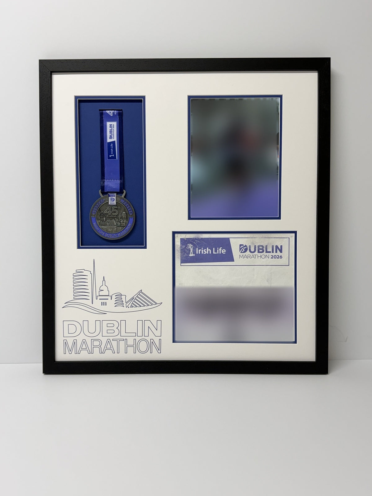 Dublin Marathon medal, bib and race photo frame in black, front view